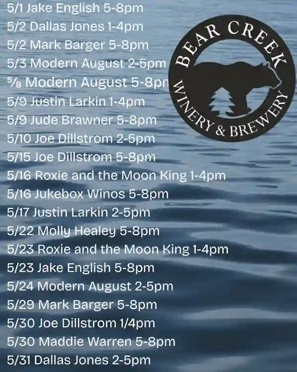 May live music schedule at Bear Creek Winery & Brewery over water background