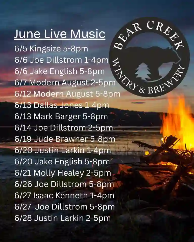 June live music lineup with dates and times over a sunset lake background and campfire at Bear Creek Cabin Resort Branson Missouri